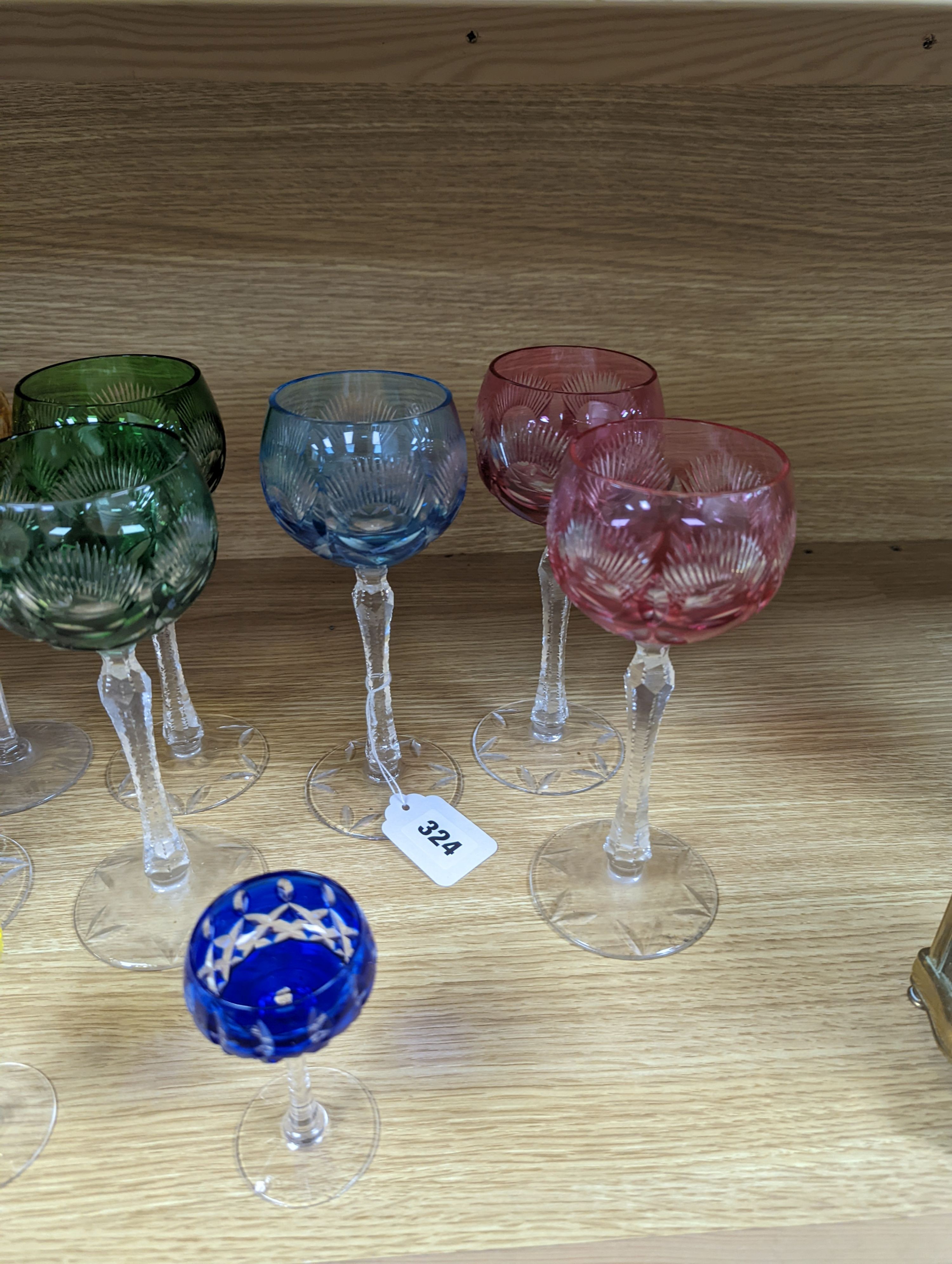 A set of coloured hock glasses